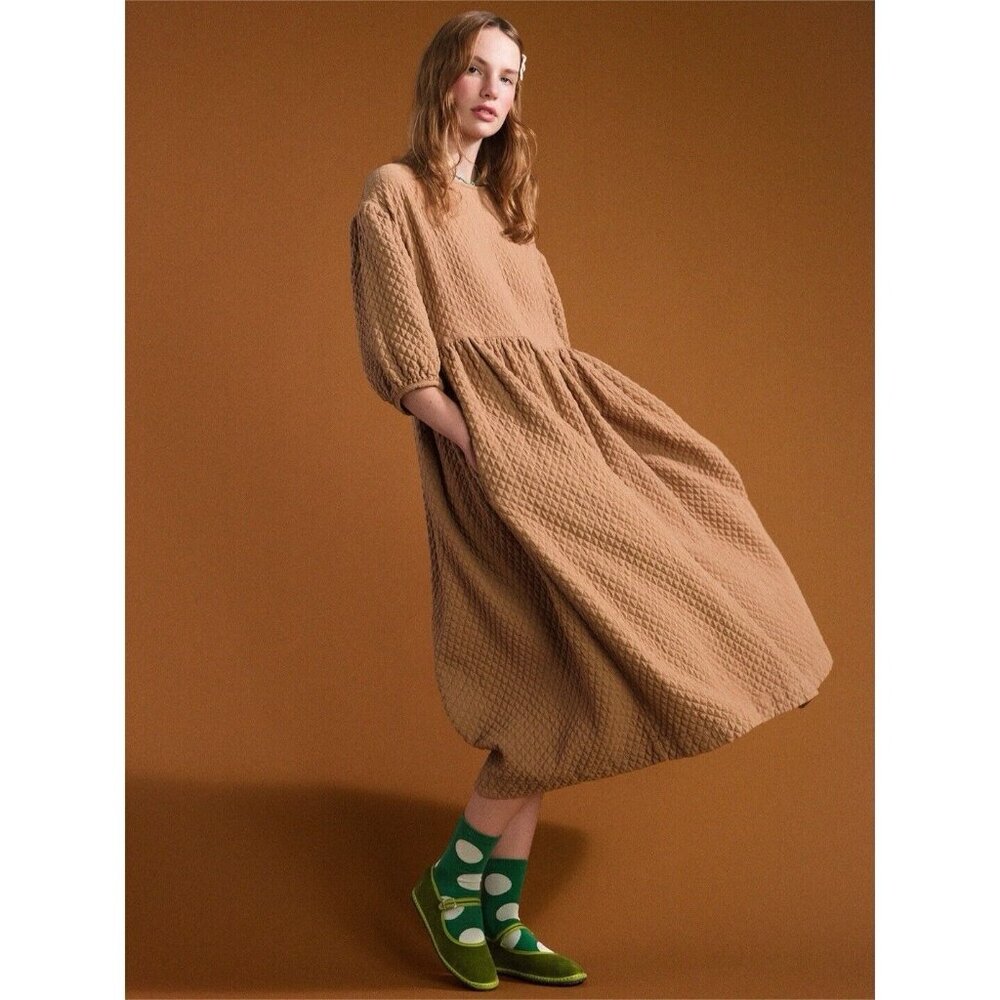 Hansel From Basel Sonja Quilted Dress (Size 1 or S) Camel Midi Modest Oversized